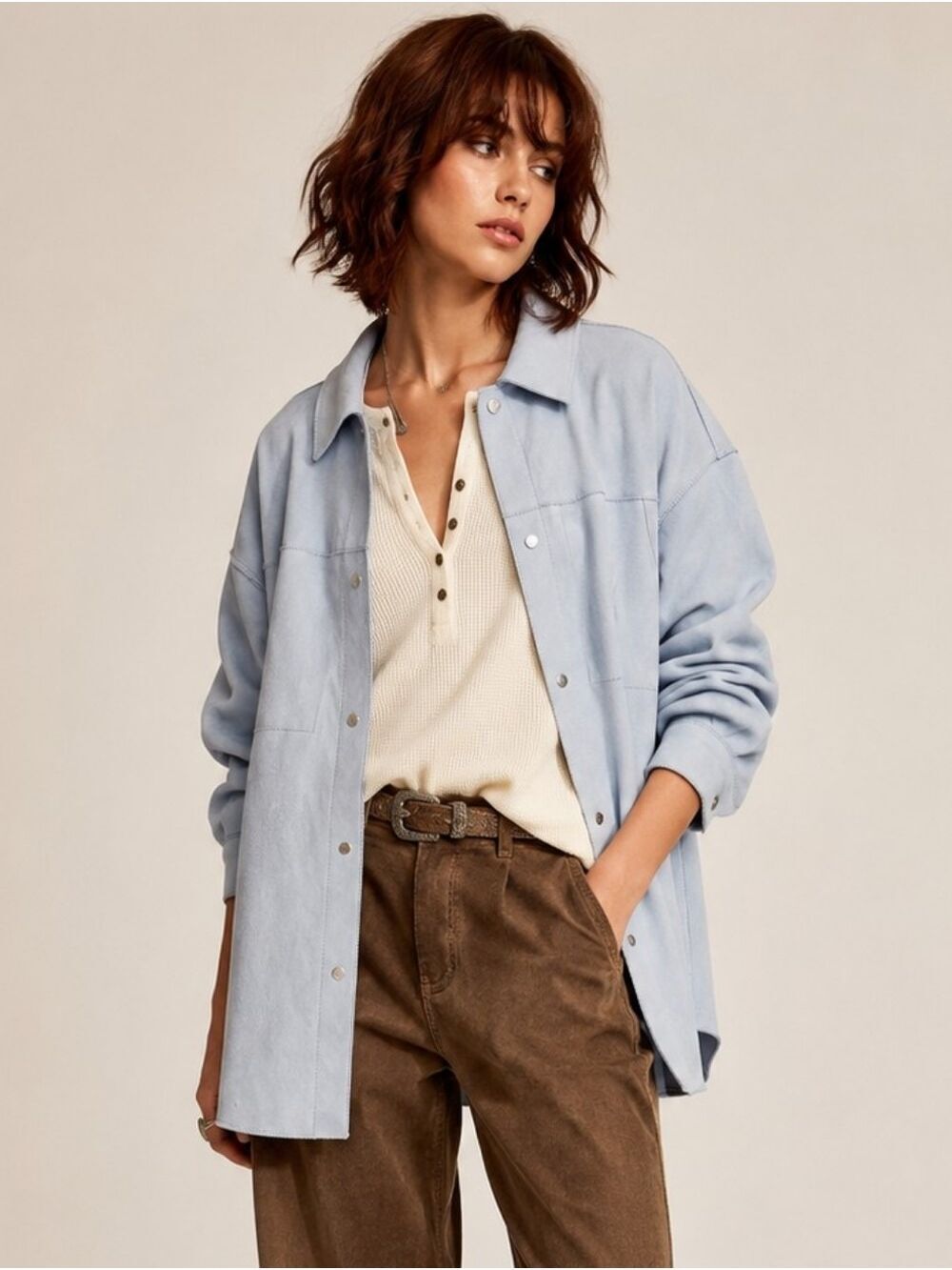 TRUTH BY REPUBLIC OVERSIZED LIGHT BLUE FAUX SUEDE SHACKET JACKET MEDIUM